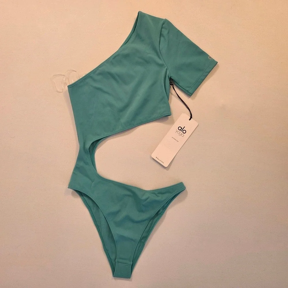 ALO Yoga Body Wave‎ One Piece Swimsuit Ocean Teal Asymmetrical Cutout XS W8113R